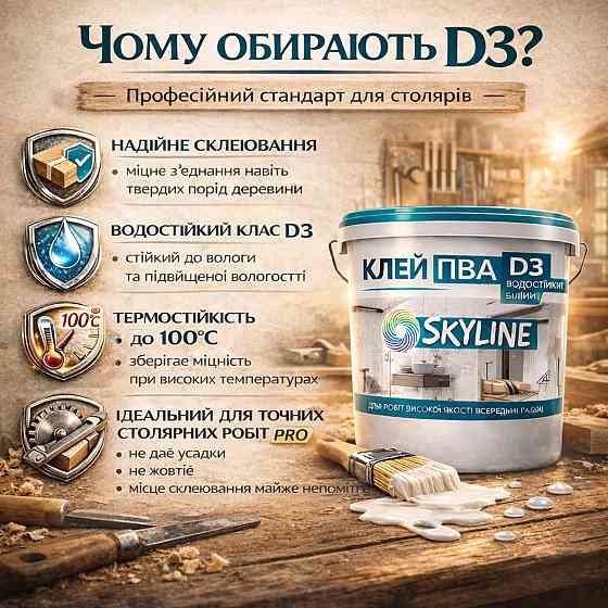Клей ПВА D3 SkyLine 1 кг підвищеної водостійкості для дерева та меблів, столярний універсальний, термостійкий до +100°С Харків