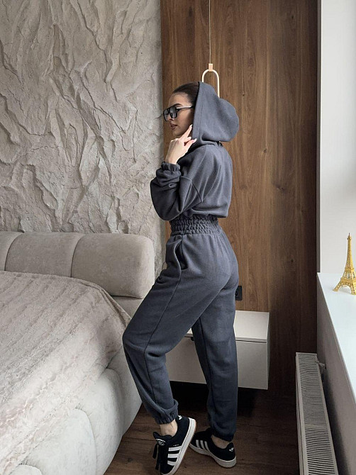 Женский теплый повседневный комбинезон с капюшоном турецкий флис Графит, 50/52 Одесса - изображение 3