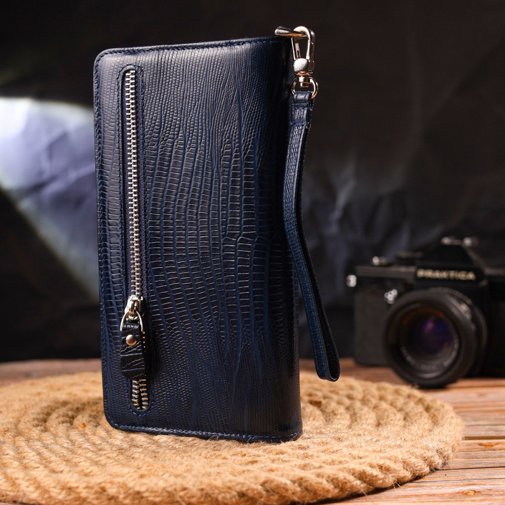 Добротное портмоне клатч из натуральной фактурной кожи Синее (CANPELLINI) Киев - изображение 3