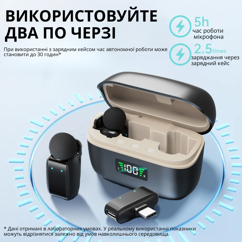 Мікрофони петличні, бездротові ONELEADER SX35 з шумозаглушенням, зарядним кейсом з підключенням Type-C для iPhone та Android Кам'янець-Подільський - фото 4