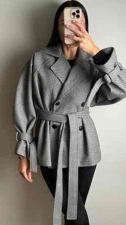 Женское трендовое пальто с двубортной застежкой на пуговицы и поясом Серый Одесса