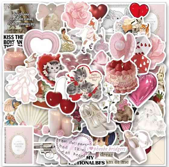 Набір вінілових стікерів рожеві естетичні 60 штук – наклейки для декору, щоденника, подарунків, блокнотів Київ