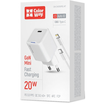 Зарядное устройство ColorWay C101D GaN Mini 20W PD PPS USB-C + cable USB-C to Lightning white (CW-CHS059PDL-WT) Винница - изображение 12