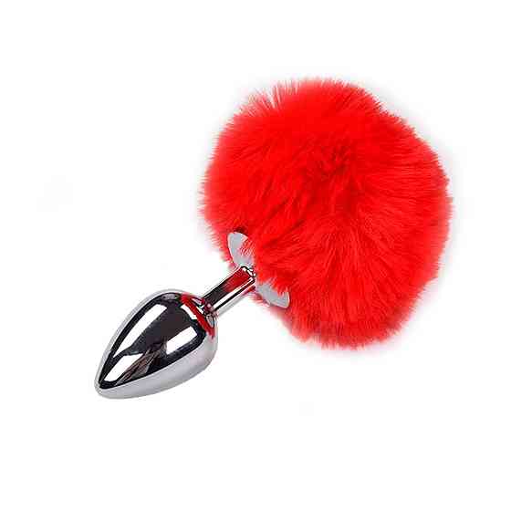 Металева анальна пробка Кролячий хвостик Alive Fluffy Plug M Red, діаметр 3,4 см Sex Aura Київ