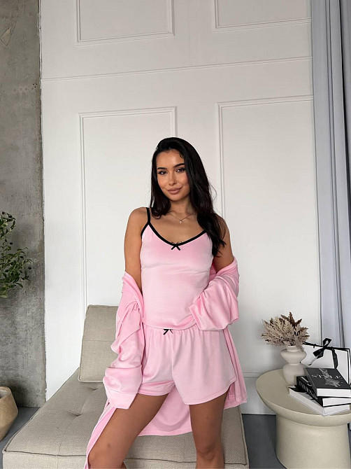Женский повседневный домашний велюровый комплект тройка: халатик+майка+шорты Розовый Одесса - изображение 8