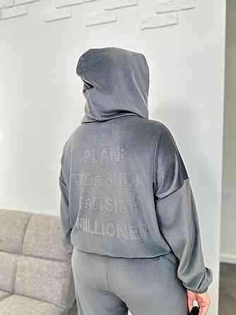 Жіночий теплий костюм-двійка: кофта та штани батал зі стразами велюр спорт на хутрі Сірий, 52/54 Одеса