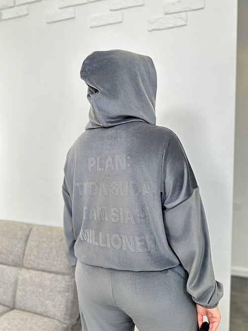 Жіночий теплий костюм-двійка: кофта та штани батал зі стразами велюр спорт на хутрі Сірий, 52/54 Одеса - фото 2