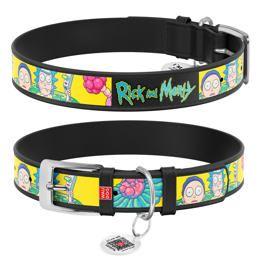 Нашийник для собак шкіряний WAUDOG Design з QR-паспортом, малюнок "Рік і Морті 1", XL, Ш 35 мм, Д 46-59 см, Вінниця - фото 1
