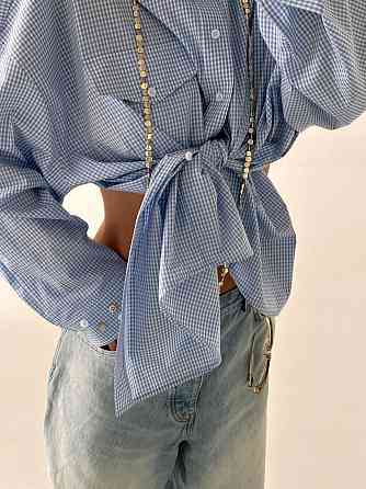 Женская стильная оверсайз рубашка с открытой спиной коттон Голубой Одесса