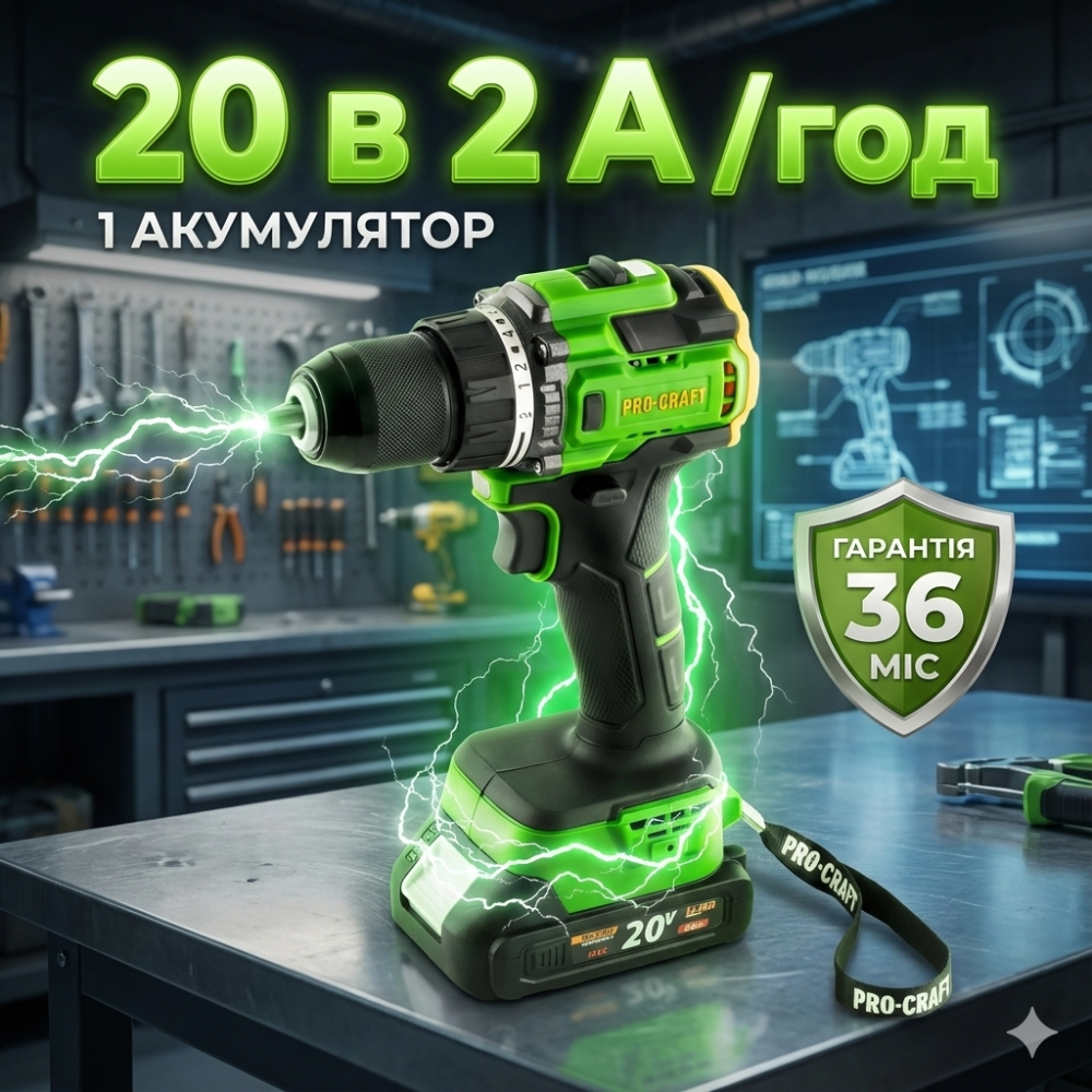 Акумуляторний шуруповерт Procraft  2 А·год  20 В безщітковий компактний інструмент з 1 АКБ Li‑Ion та зарядним Гарантія 3 Роки Львів - фото 1