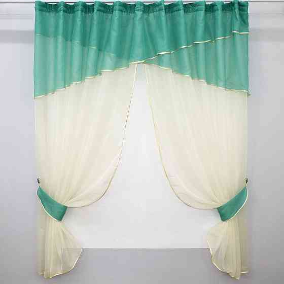 Кухонные шторы VR-Textil № 091к с ламбрекеном и подвязками бирюзовый с бежевым 280х170 см (52-0092) Киев