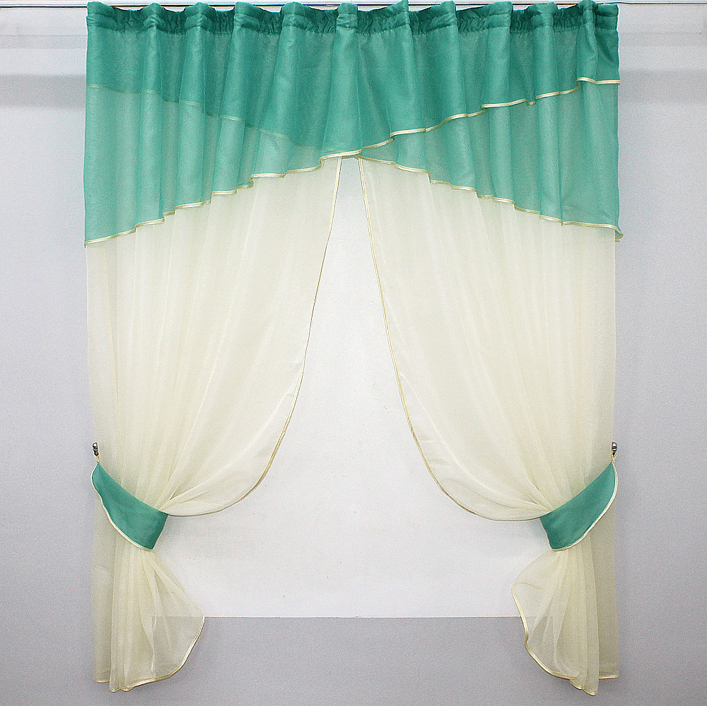 Кухонные шторы VR-Textil № 091к с ламбрекеном и подвязками бирюзовый с бежевым 280х170 см (52-0092) Киев - изображение 1