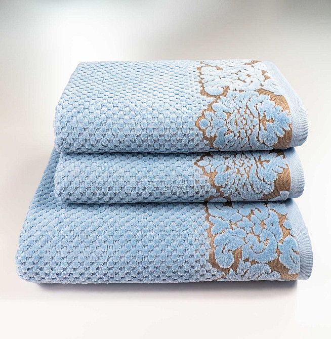 Набор махровых полотенец 3шт 50x90см, 50x90см, 70x140см Damask Премиум качества Жаккардовое с велюром 550г/м2 (Светло-Синий) Сумы - изображение 1