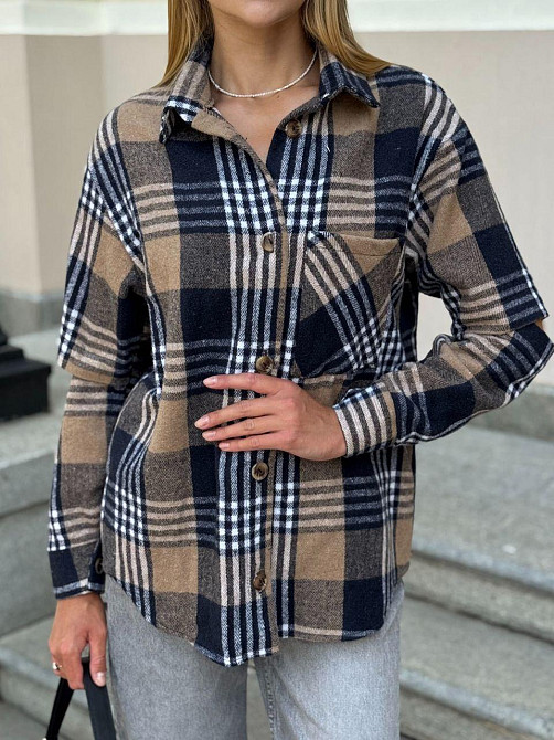 Жіноча трендова сорочка з розрізом на рукавах турецька фланель-байка. Синій, 46/48 Одеса - фото 1