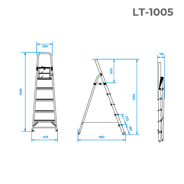 Драбина алюмінієва, 5 сходинок, висота: 1565 мм, висота до платформи: 1065 мм, 150 кг INTERTOOL LT-1005 Київ - фото 16