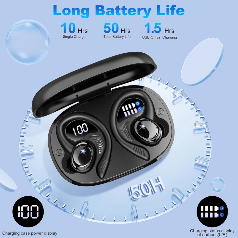 Бездротові спортивні навушники H87 Bluetooth 5.4, IPX7, до 50 годин, ENC, USB-C, чорні Київ - фото 7