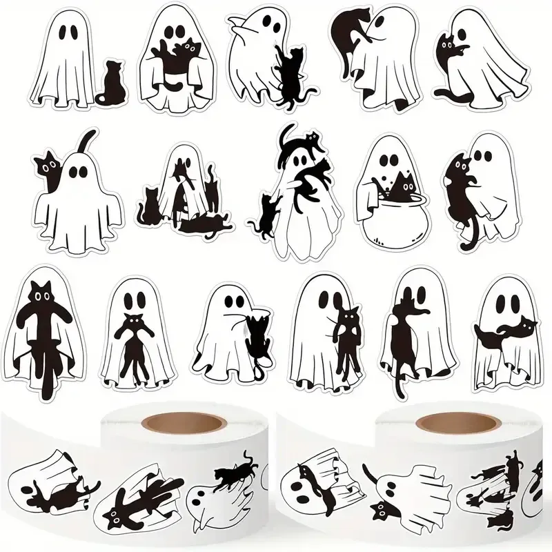 Набор наклеек на Хэллоуин — 500 шт призраки с черными котами Киев - изображение 1