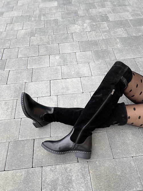 Vesna Ботфорти жіночі VESNA чорні шкіра+замша натуральна висота 53 см обхват 35-37 см розмір 39 Коломия - фото 4