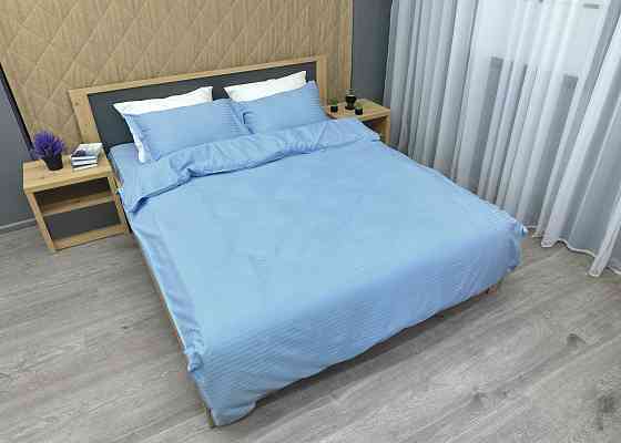 Комплект постельного белья Страйп-сатин Двуспальный 180х220 с простыней на резинке Голубой (88-114) Киев