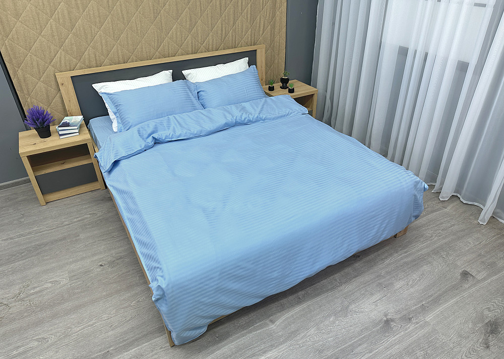 Комплект постельного белья Страйп-сатин Двуспальный 180х220 с простыней на резинке Голубой (88-114) Киев - изображение 3