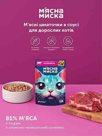 Вологий корм для дорослих котів М'ясна миска шматочки в соусі з яловичиною, 100 г Вінниця