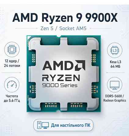 Процесор AMD Ryzen 9 9900X (4.4GHz 64 MB 120 W AM5) Tray (100-000000662) ( Для настільного ПК ) Харків
