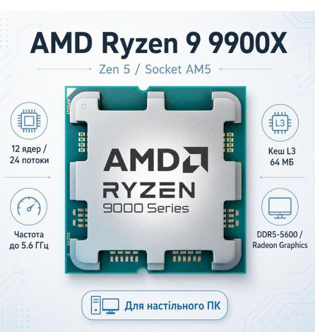 Процесор AMD Ryzen 9 9900X (4.4GHz 64 MB 120 W AM5) Tray (100-000000662) ( Для настільного ПК ) Харьков - изображение 6