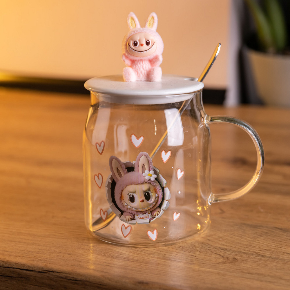 Новорічна велика скляна чашка "Лабубу" з кришкою та ложкою 600 мл,Святкова кружка чашка для дітей на подарунок Рожевий FM-56B SBR Київ - фото 1