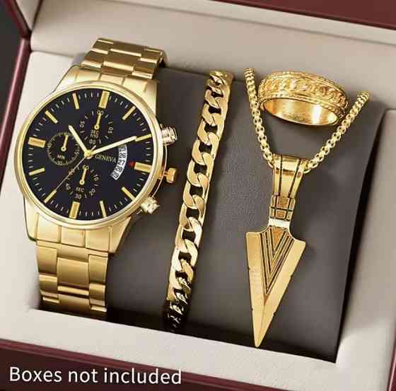 Подарочный набор для мужчин наручные часы с датой с браслетом кулоном и кольцом золотистый Киев