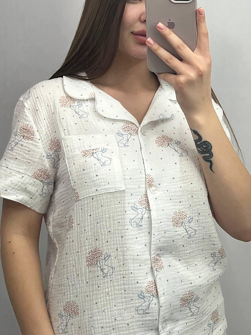 Жіноча піжама з шортами муслінова Молочний кролики M Харків - фото 4