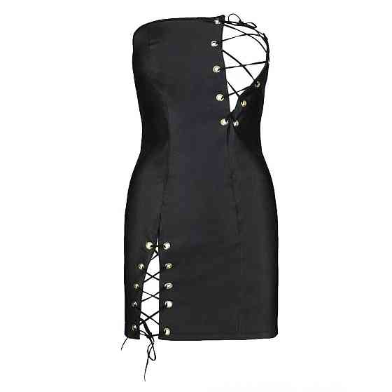 Мини-платье из экокожи Passion CELINE CHEMISE 4XL/5XL, black, шнуровка, трусики в комплекте Sex Aura Киев