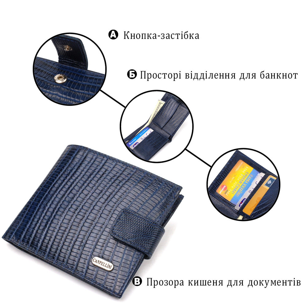 Чоловічий гаманець з натуральної шкіри горизонтального формату з тисненням CANPELLINI 21767 Синій Київ - фото 7