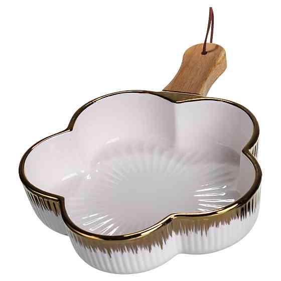 Тарелка фарфоровая глубокая с ручкой Цветок 27×20×5 (см) блюдо сервировочное с ручкой  для подачи тарелка сковорода Золото Киев