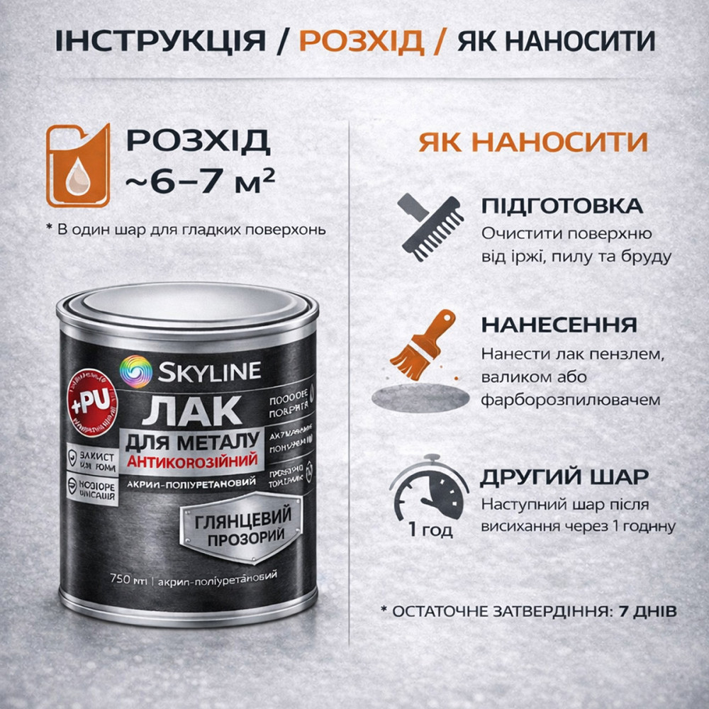 Лак для металу Skyline глянцевий прозорий акрил-поліуретановий антикорозійний без запаху 750 мл Харків - фото 7