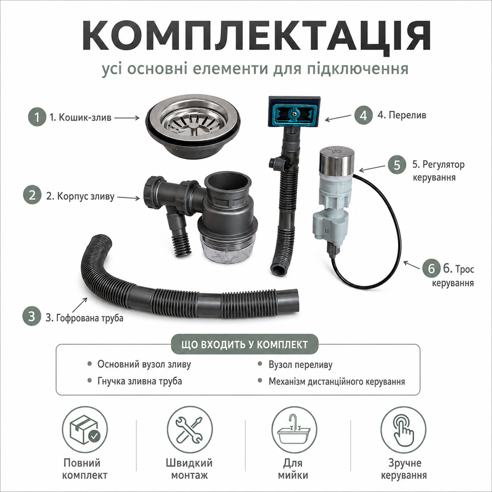 Комплект сифону в зборі для кухонного миття, раковини з автоматичним скиданням води (542244064) Київ - фото 6