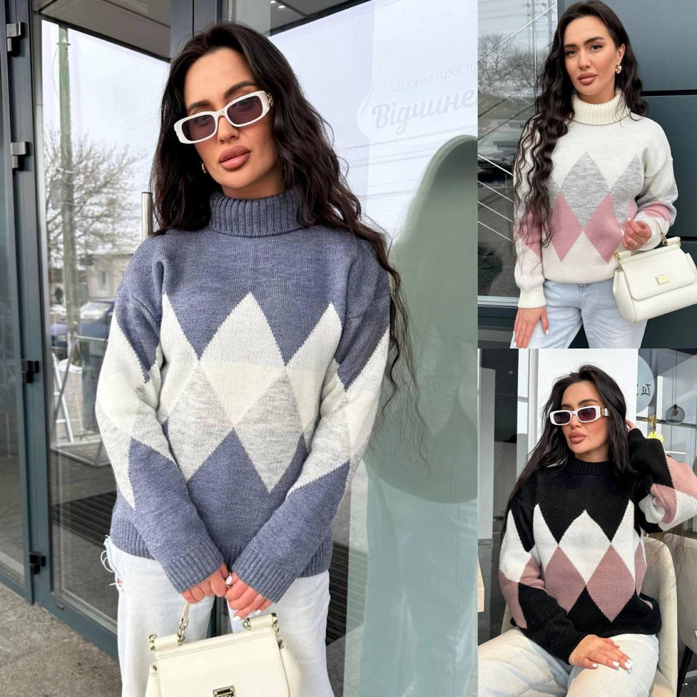 Жіночий в'язаний светр із високою горловиною триколірний.  42-48р Київ - фото 4