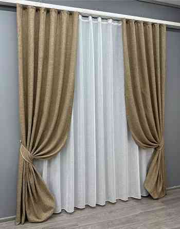 Комплект штор VR-Textil Льон Мішковина 100х270 2шт і Тюль 300х270 1768ш-115т Мигдальний з білим 71-052/1 Київ