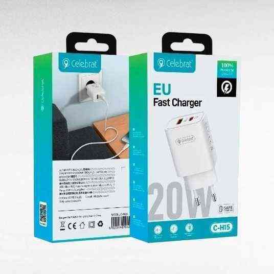 Мережевий адаптер Celebrat C-H15 Fast Charger USB-C 20W з підтримкою швидкого заряджання для смартфонів Одеса