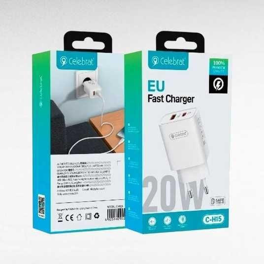 Мережевий адаптер Celebrat C-H15 Fast Charger USB-C 20W з підтримкою швидкого заряджання для смартфонів Одеса - фото 1