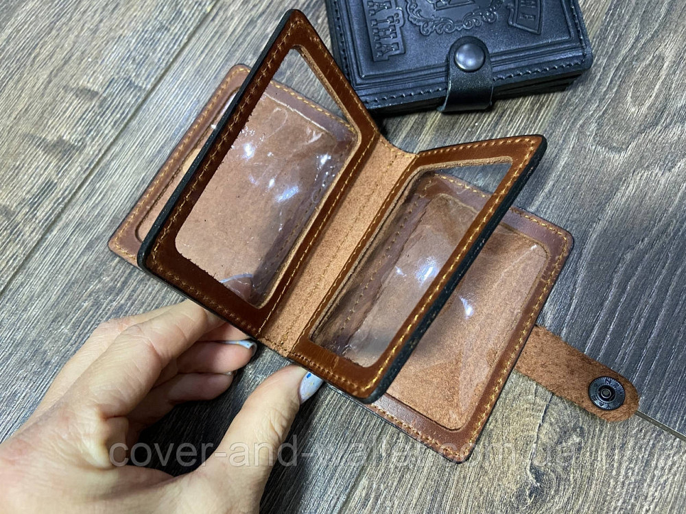 Шкіряна обкладинка для автодокументів на кнопці, обкладинка на паспорт id (каштан) Київ - фото 4
