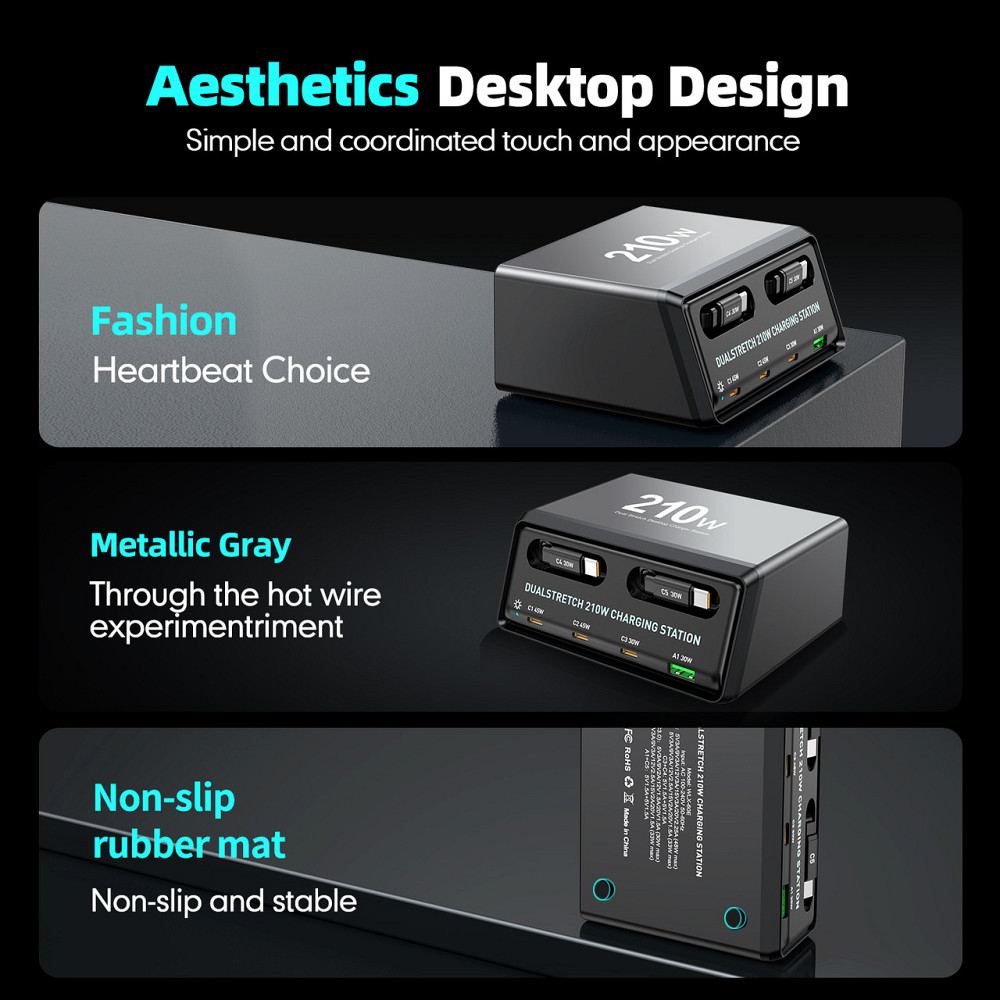 Мережева зарядна станція WLX-60E 210W з кабелями (2Type-C48W+3Type-C33W+USB30W) Чорний Київ - фото 2