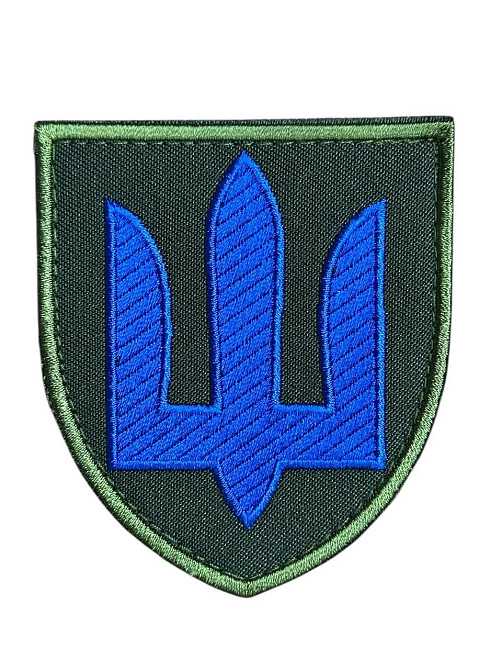 Шеврон синій тризуб на щиті олива на липучці 8×7 см військова тактична нашивка Velcro Харків - фото 1