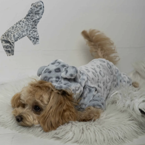 Костюм махровый для собак леопардовый зимний Dogs Bomba капюшон с ушками на молнии серый Одесса
