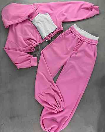 Женский прогулочный оверсайз костюм тройка: кофта топ и брюки двунить + микродайвинг Розовый Одесса