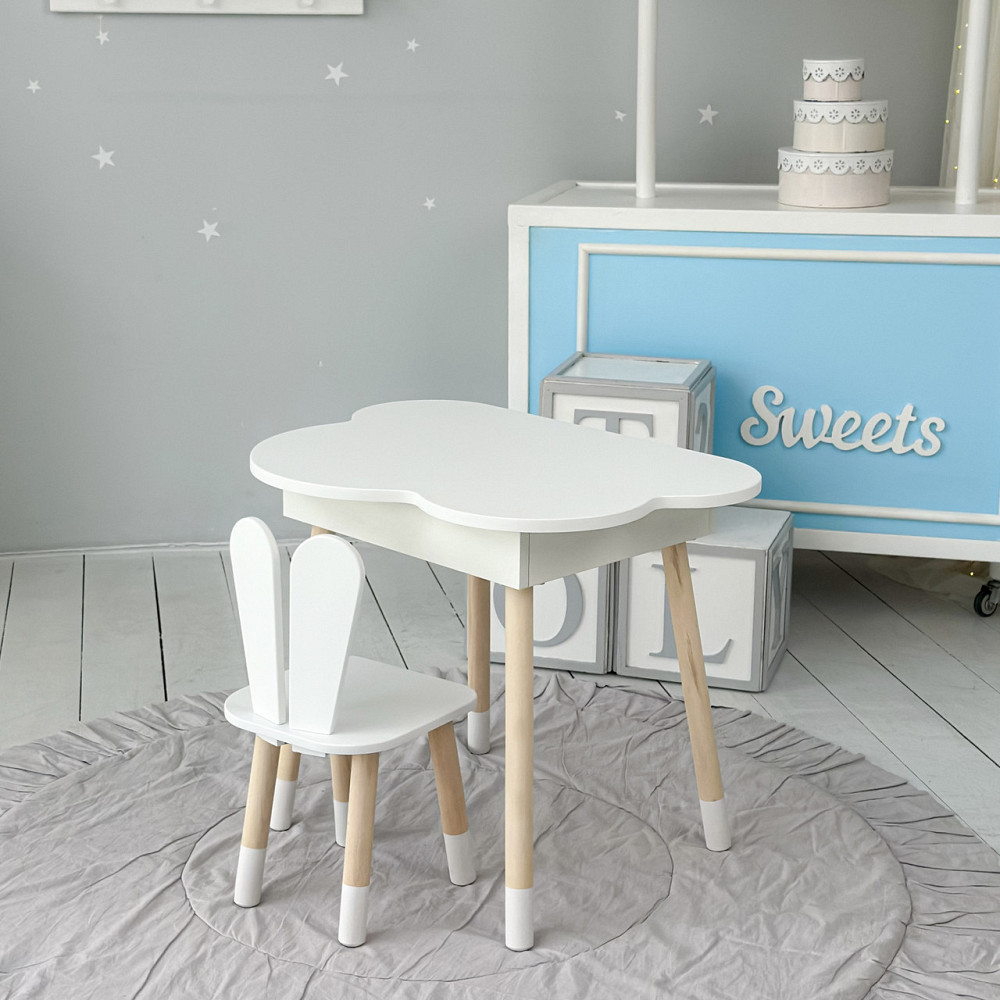 Столик хмаринка з нішею яка підіймається 54х68х50 і стільчик вушка зайчика 26х26х24, стіл та стілець в дитячу, білий Кам'янське - фото 17