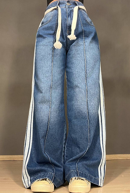 Джинсы женские Vonnavi 413-240 палаццо с лампасами пояс резинка шнурок синие, синий, 26, 26, 68 см,  Одесса - изображение 7