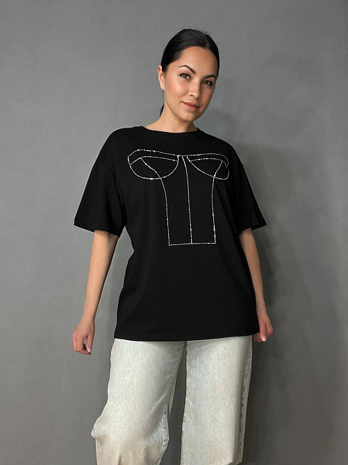 Футболка жіноча A-N 0098 з камінням імітація корсету оверсайз, чорний, one size Київ - фото 1