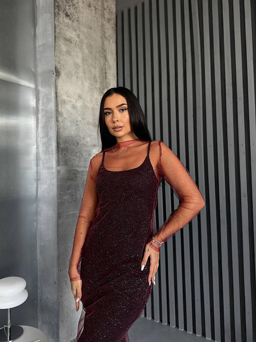 Женская элегантная вечерняя миди-платье вискоза и сетка молния Бордовый, 42/44 Одесса - изображение 2