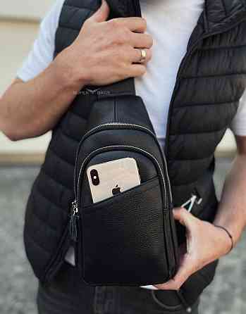 Сумка-слінг шкіряна, чоловіча сумка через плече чорна TIDING BAG Київ