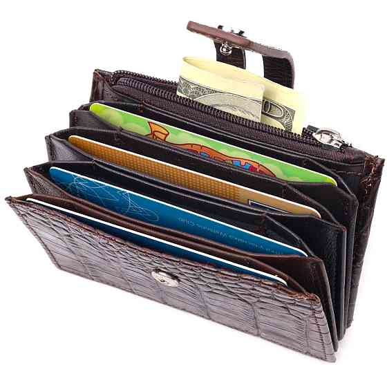 Оригінальний картхолдер із натуральної шкіри з тисненням під крокодила Коричневий (KARYA) Київ